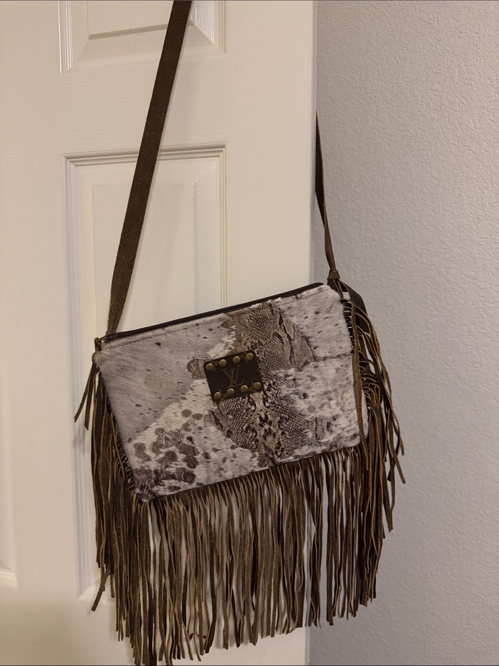 Fringed Cow Hide Crossbody Bag With Louis Vuitton Rework Patch